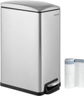 SONGMICS Slim Trash Can, 13-Gallon (50 L) Garbage Can for Narrow Spaces with Soft-Close Lid, Inner Bucket, and Step-on Pedal, Stainless Steel, 15 Trash Bags Included, Silver ULTB510E48
