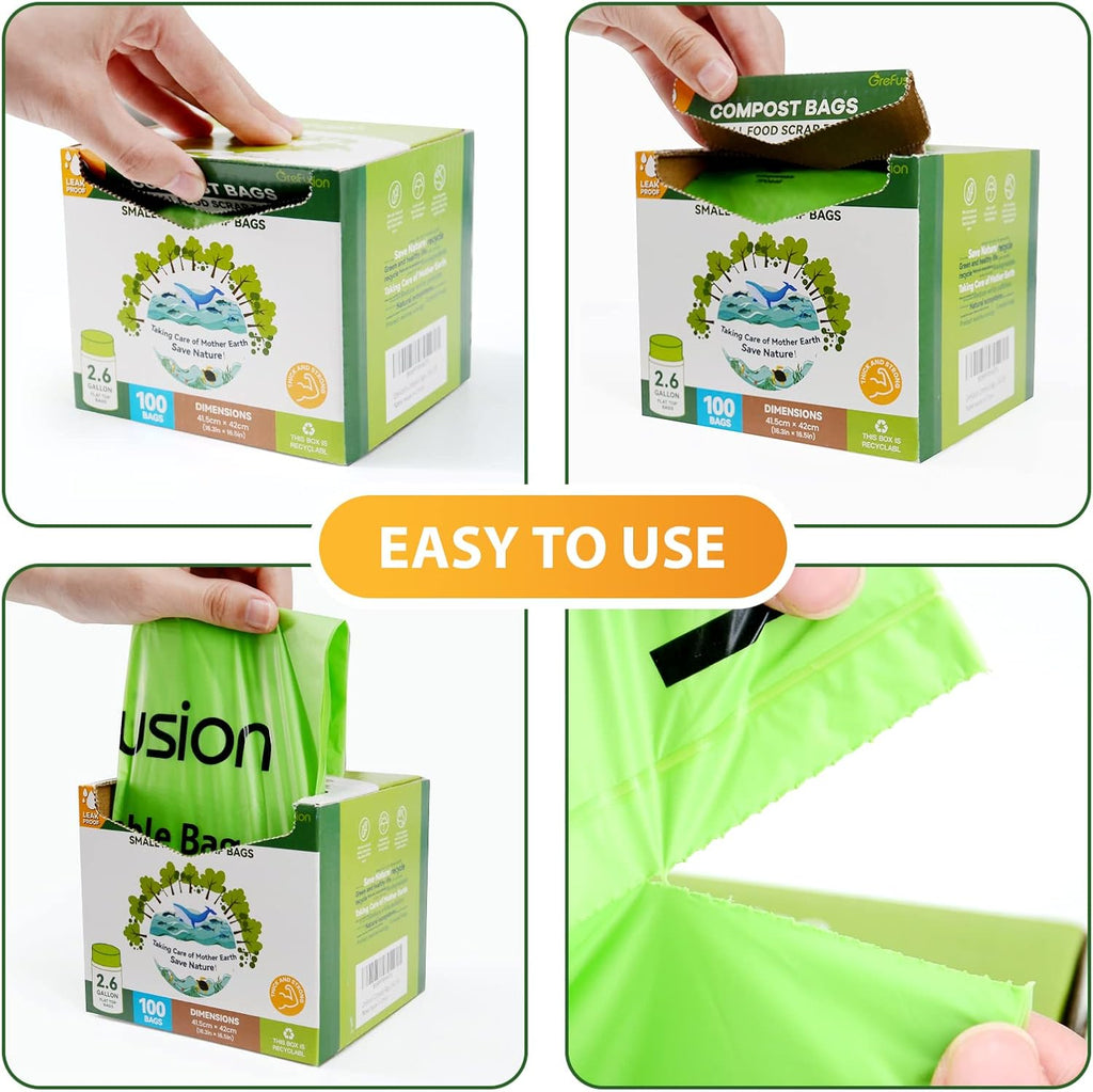 GreFusion 2.6 Gallon Compostable Trash Bags, 100 Count, Extra Thick 0.71 Mil, Certified by BPI and ASTM D6400, Perfect Fit for Small Trash Cans