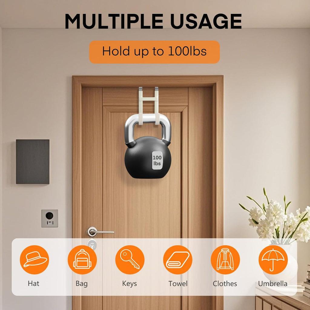FYY Over The Door Hooks - 2 Pack Heavy Duty Dual-Hook Organizer Hanger with Non-Slip Rubber for Towels, Clothes, Hats & Bags Use in Bathroom, Bedroom, Kitchen - Fits Interior Doors Up to 1 3/8" Beige