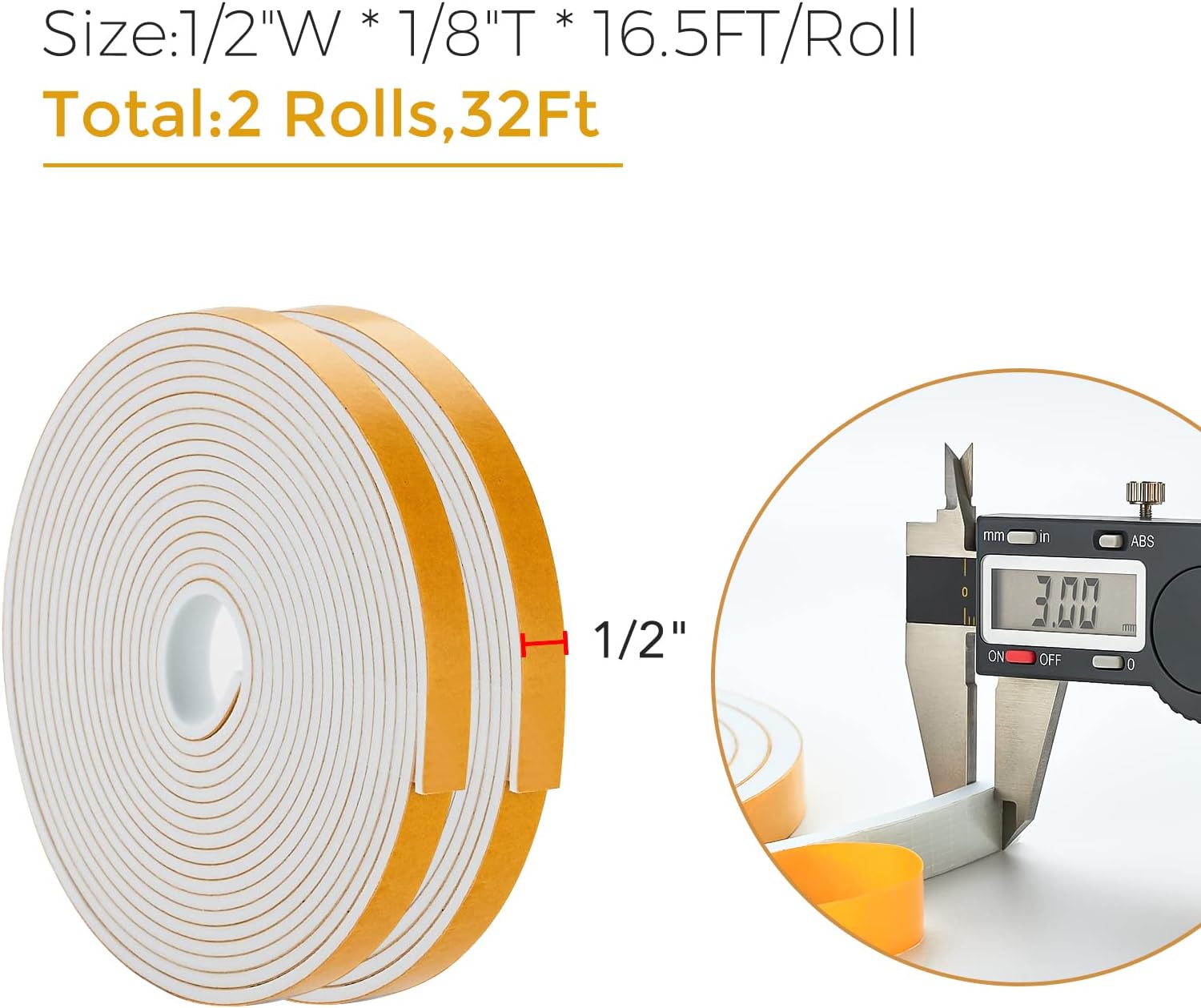 32 Feet Weather Stripping Door Seal, 1/2" Wide X 1/8" Thick Door Seal Strip High Density Foam Tape Adhesive Strip for Door Soundproofing,Window Insulation (1/2" x 1/8" x 32FT,White)