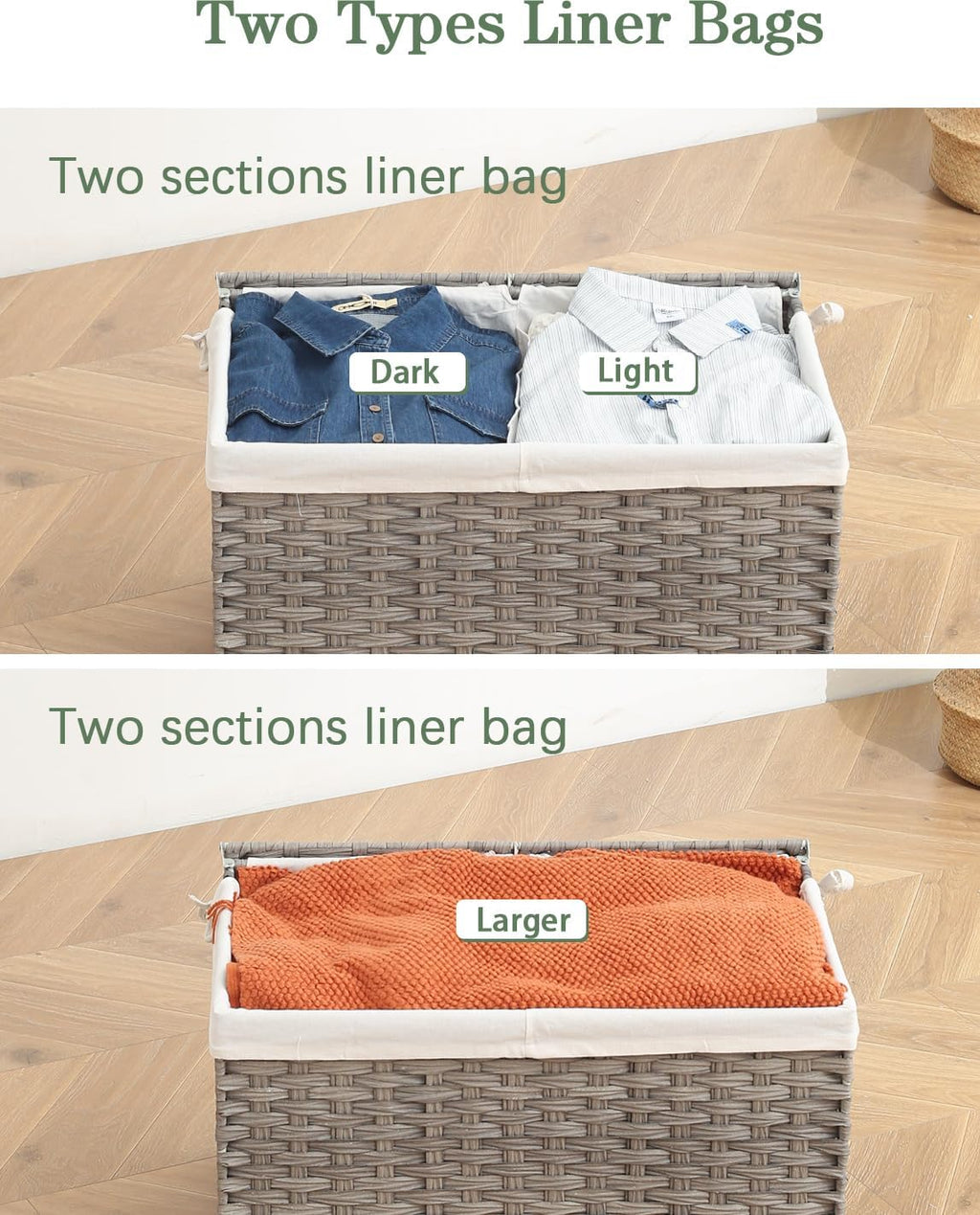 Storage Basket with Lid Rattan Storage Basket with 2 Separate Lid, 27.8 Gallon (105 L) 25.2 * 15.4 * 16.1 Inches Woven Wicker Baskets with 2 Liners and Handles for Bedroom Laundry-Gray