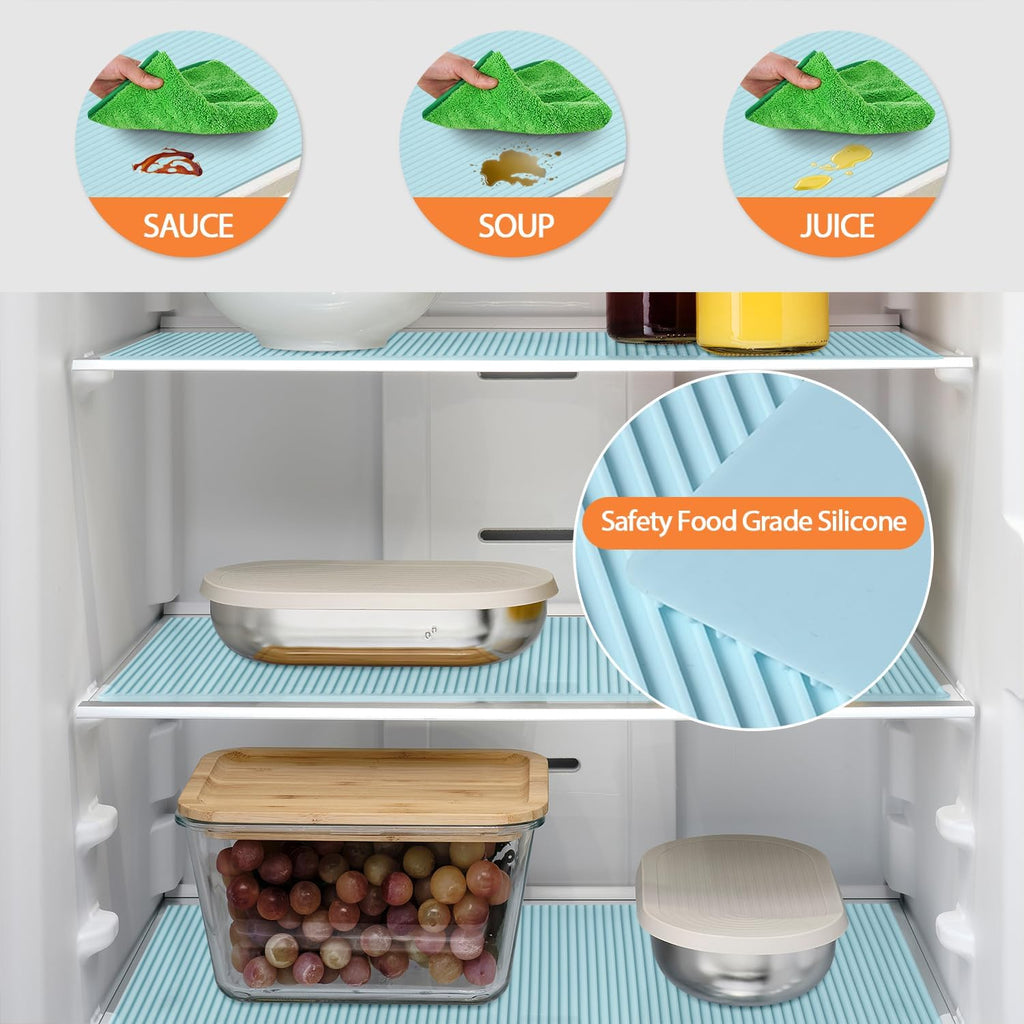 GOYLSER Food-Grade Silicone Refrigerator Liners for Shelves, 4Pack Easy Clean Fridge Liners Groove Design Spill Protection, 17.7"x11.8" Non Adhesive Refrigerator Shelf Mats Drawer Liners, Blue