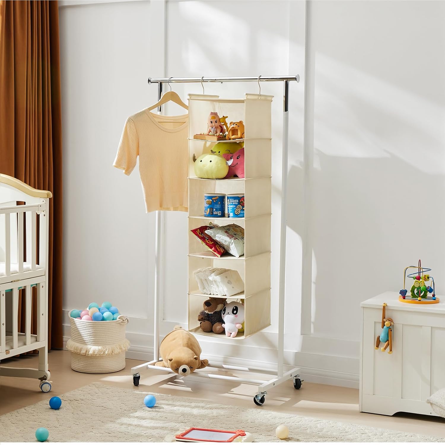 MAX Houser 6 Tier Shelf Hanging Closet Organizer, Cloth Hanging Shelf with 2 Sturdy Hooks for Storage, Foldable (Beige)