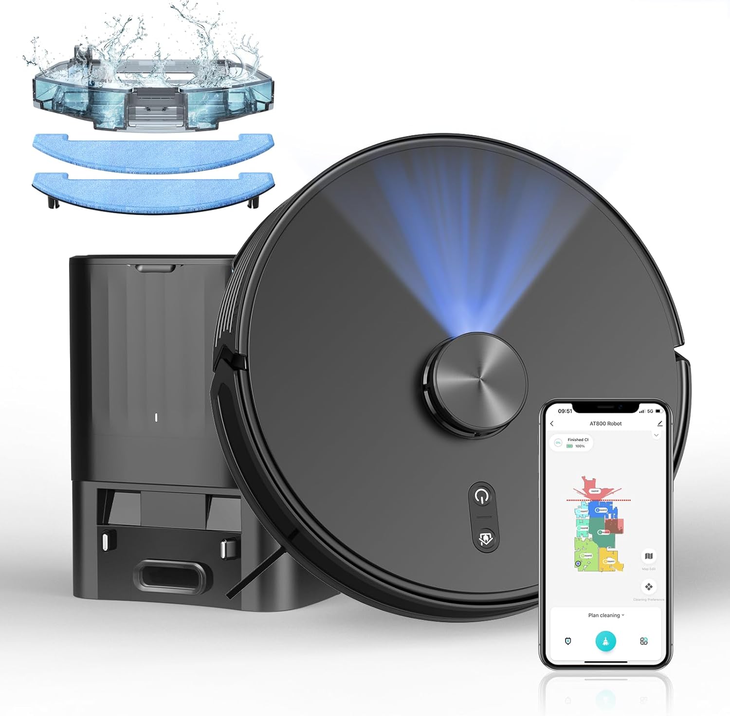 Robot Vacuum and Mop Combo with Self-Emptying Station (60-Day), LiDAR Navigation Robotic Vacuum Cleaner, 5000Pa Suction, 180-Min Runtime, App/Wi-Fi/Alexa Control, for Pet Hair, Carpets & Hard Floors