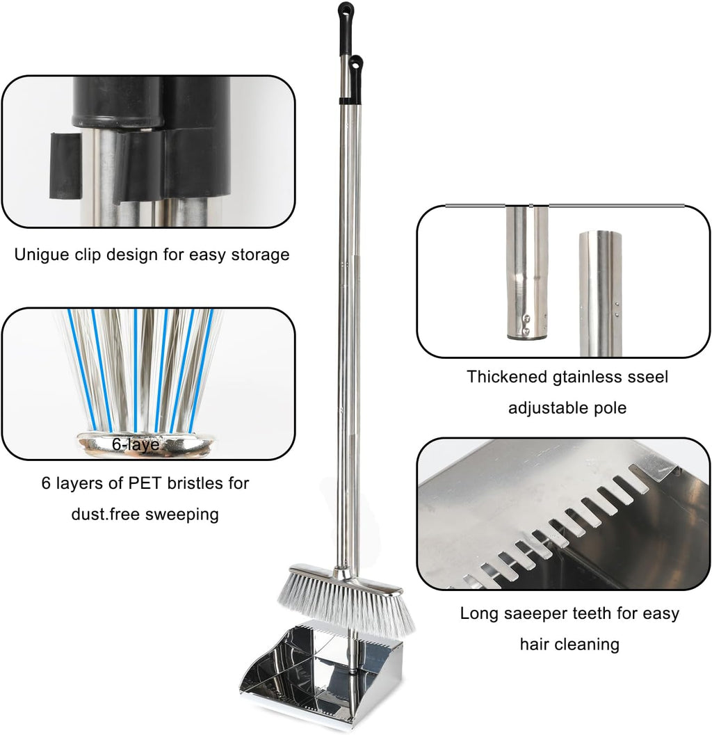 Broom and Dustpan Set,Soft Bristles Indoor Kitchen Broom with Stainless Steel Dustpan ，Metal Dust Pan，Silvery White, Suitable for Ceramic Tiles, Solid Wood, Composite Flooring