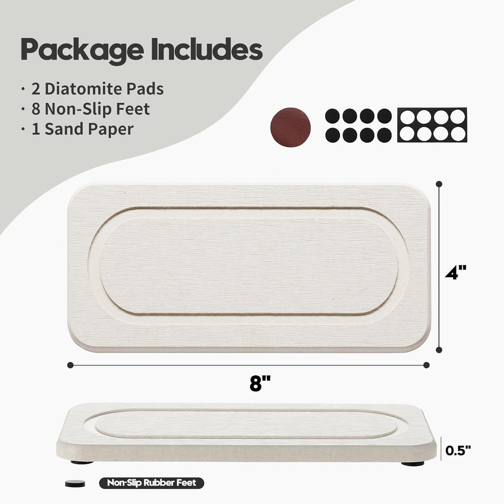 2Pack Diatomite Stone Sink Tray, Water Absorbing Faucet Mat for Kitchen & Bathroom Counter, Quick Dry Decorative Soap Dish Makeup Vanity Caddy,Dispenser Sponge Holder Organizer, Beige-8"x 3.8"