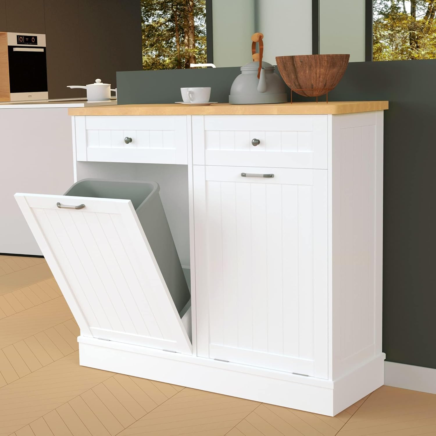 Betterhood Tilt Out Trash Cabinet 10 Gallon Wooden Free Standing Laundry Sorter Cabinet,Recycling Cabinet with Hideaway Drawer,Tilt Out Trash Cabinet Can Bin Kitchen