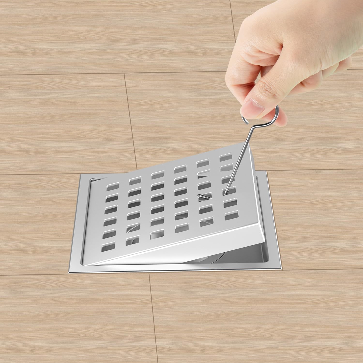 6 Inch Square Shower Drain Chrome, Bathroom Floor Drain, Stainless Steel Drain Kit with Flange, Removable Grid Cover, Hair Strainer