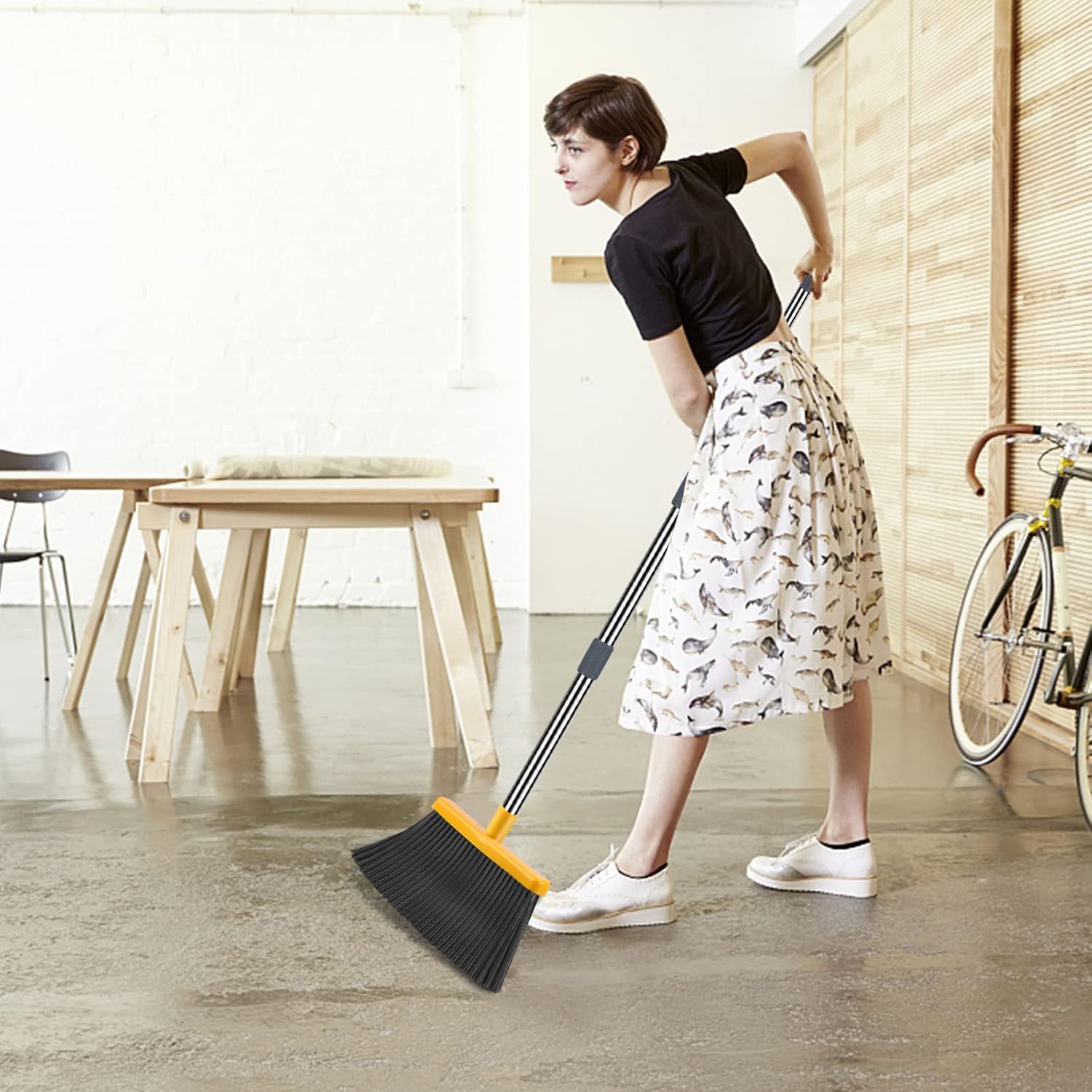 kelamayi Upgrade Broom and Dustpan Set, Broom with Dustpan Combo Set, Self-Cleaning with Dustpan Teeth, Indoor&Outdoor Sweeping, Stand Up Broom and Dustpan (Gray&Yellow)