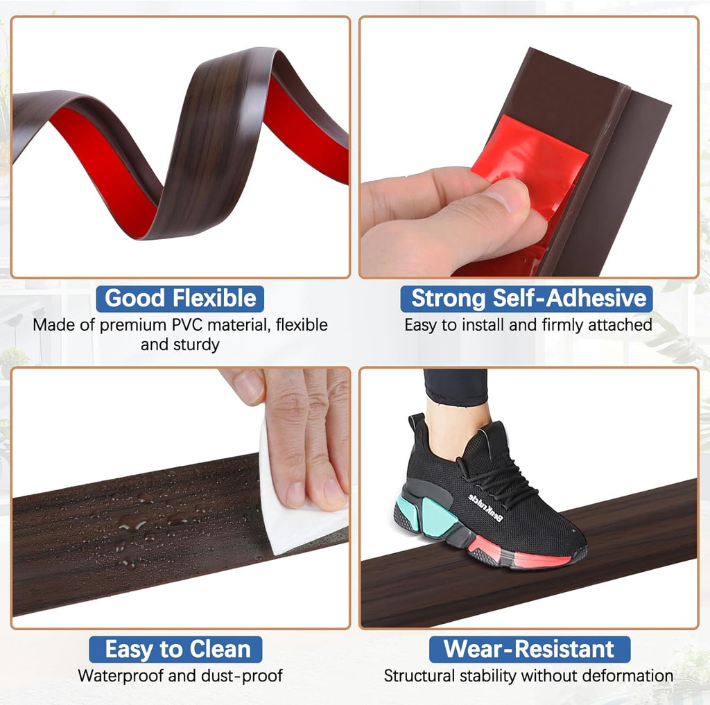Vinyl Door Threshold Flooring Transition Strip Self Adhesive Carpet Edging Strip for Laminate Doorway Edge Threshold from 1/5" to 2/5" (Brown Wood Grain, 10 Ft)