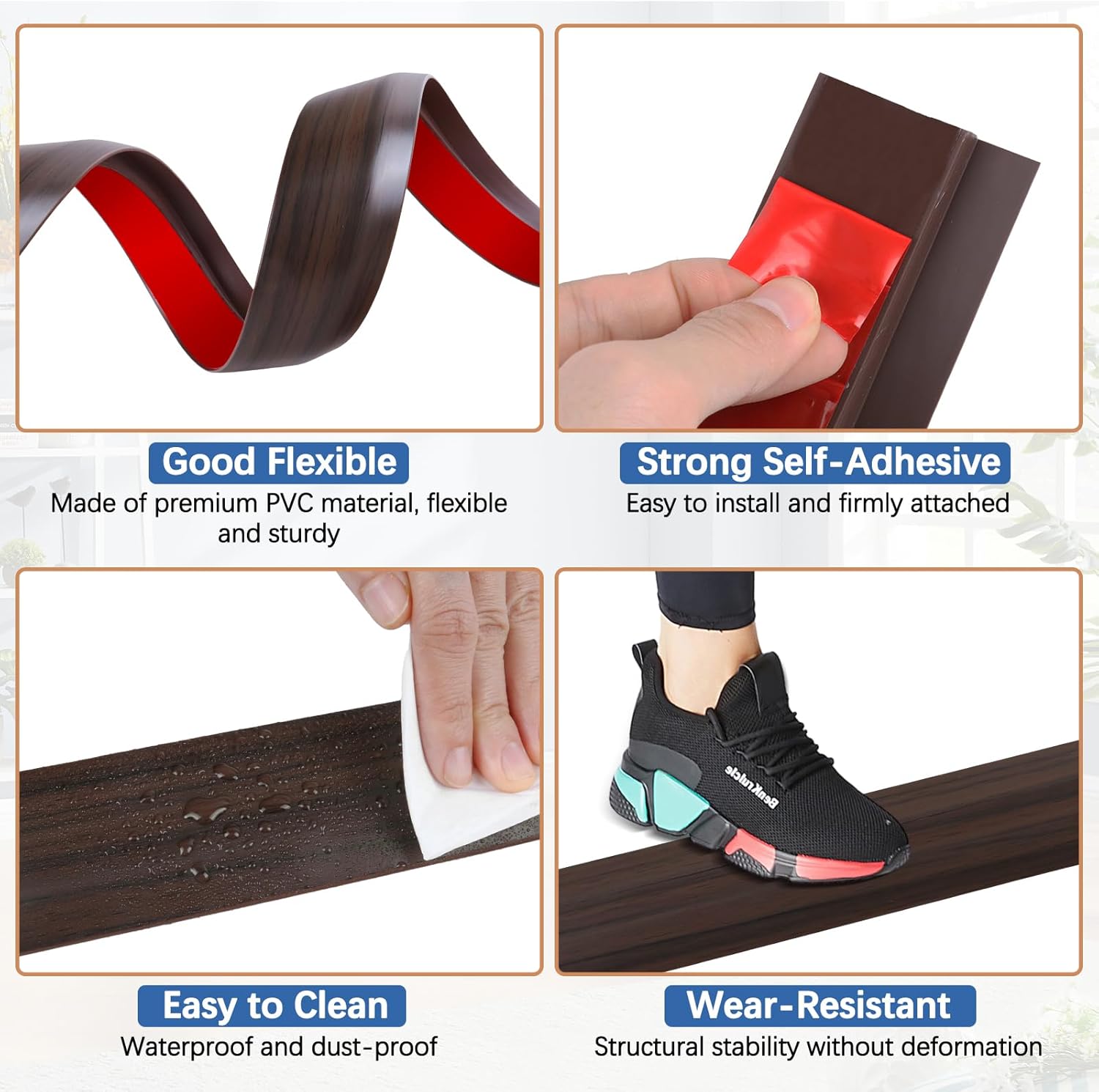 Vinyl Door Threshold Flooring Transition Strip Self Adhesive Carpet Edging Strip for Laminate Doorway Edge Threshold from 1/5" to 2/5" (Brown Wood Grain, 6.6 Ft)