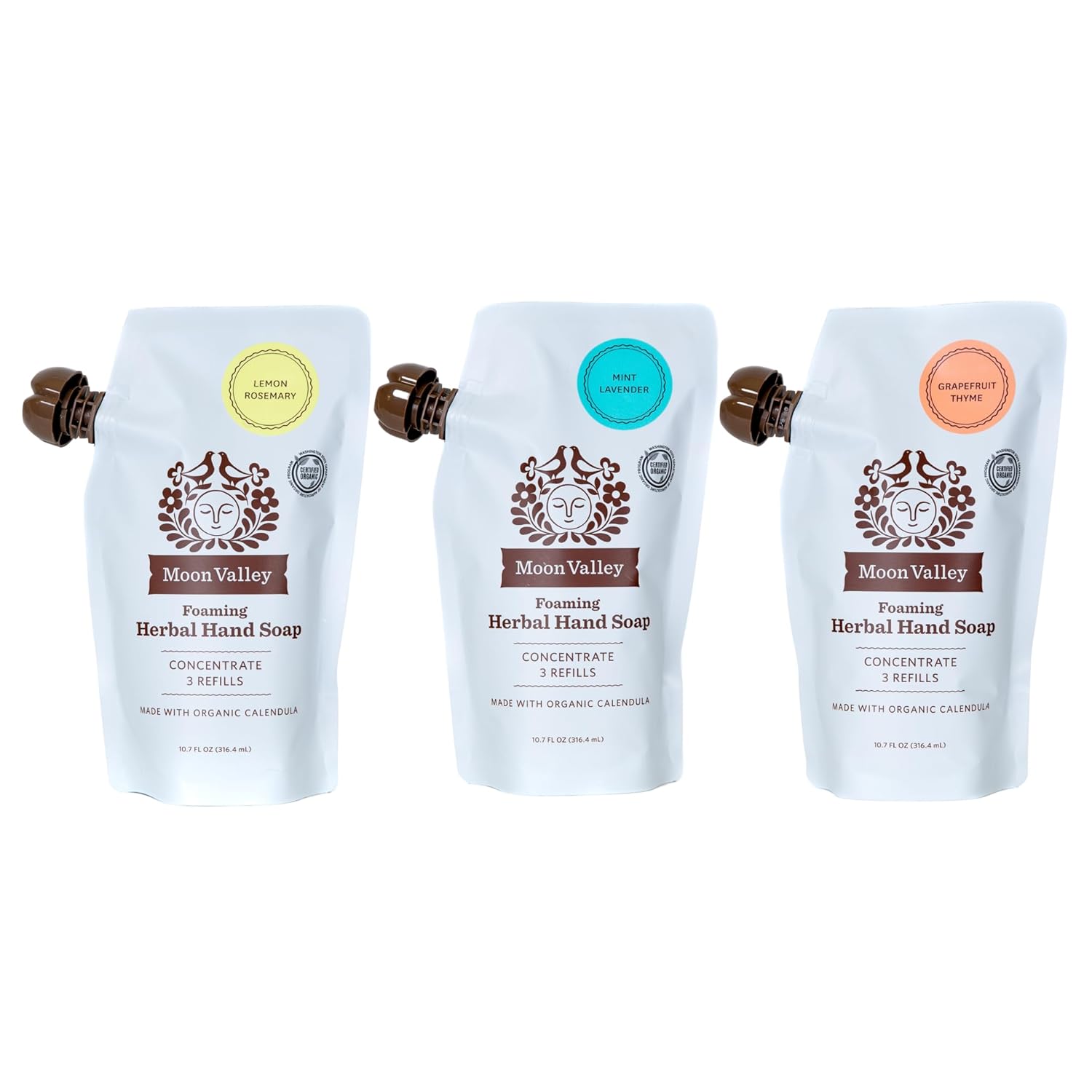 Moon Valley Foaming Hand Soap Refill Pouch, Three-Pack Lemon Rosemary, Mint Lavender, Grapefruit Soap, Vegan and Non-GMO, Environmentally Friendly Option