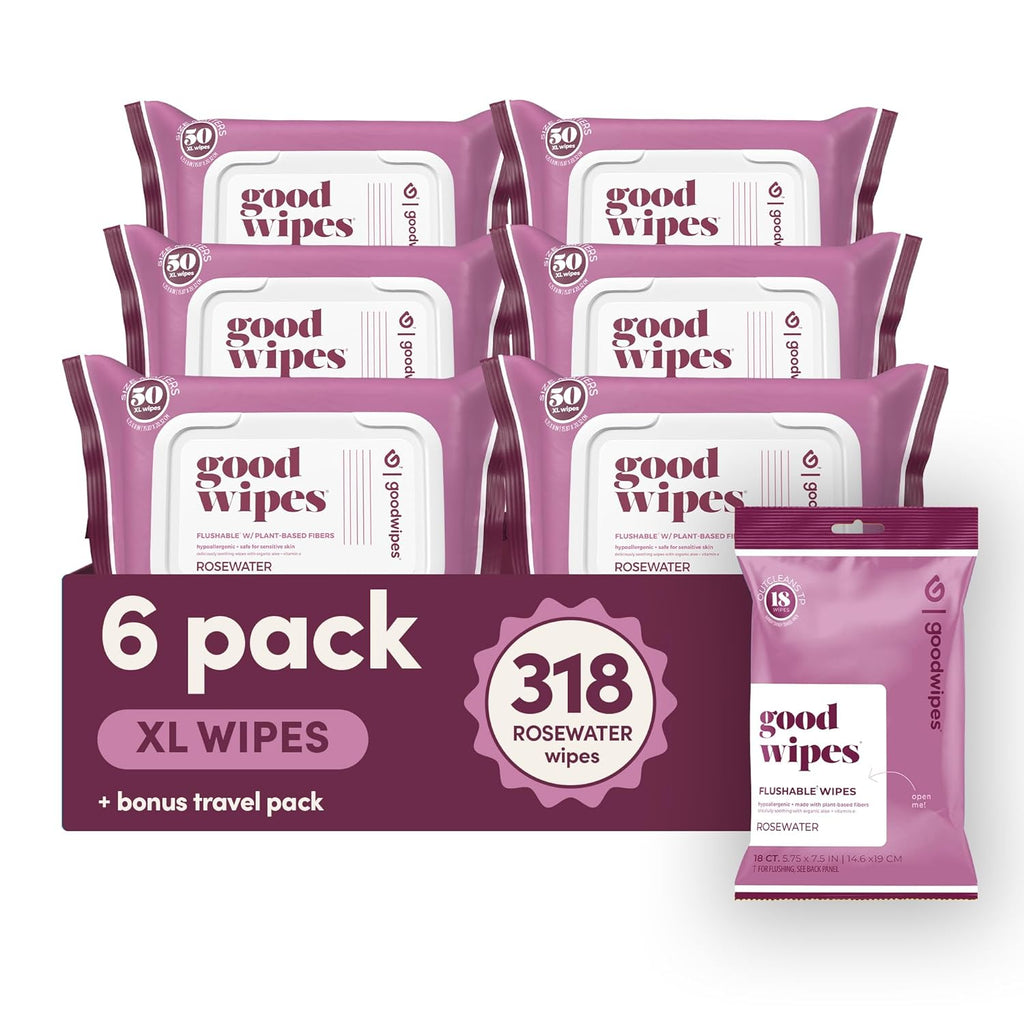 goodwipes Flushable Butt Wipes - Vitamin E & Aloe - Sewer & Septic Safe - Extra Large Adult Wet Wipes For Women & Men - Bathroom Essentials - Rosewater, 318 Count (6 Packs + 1 Travel)