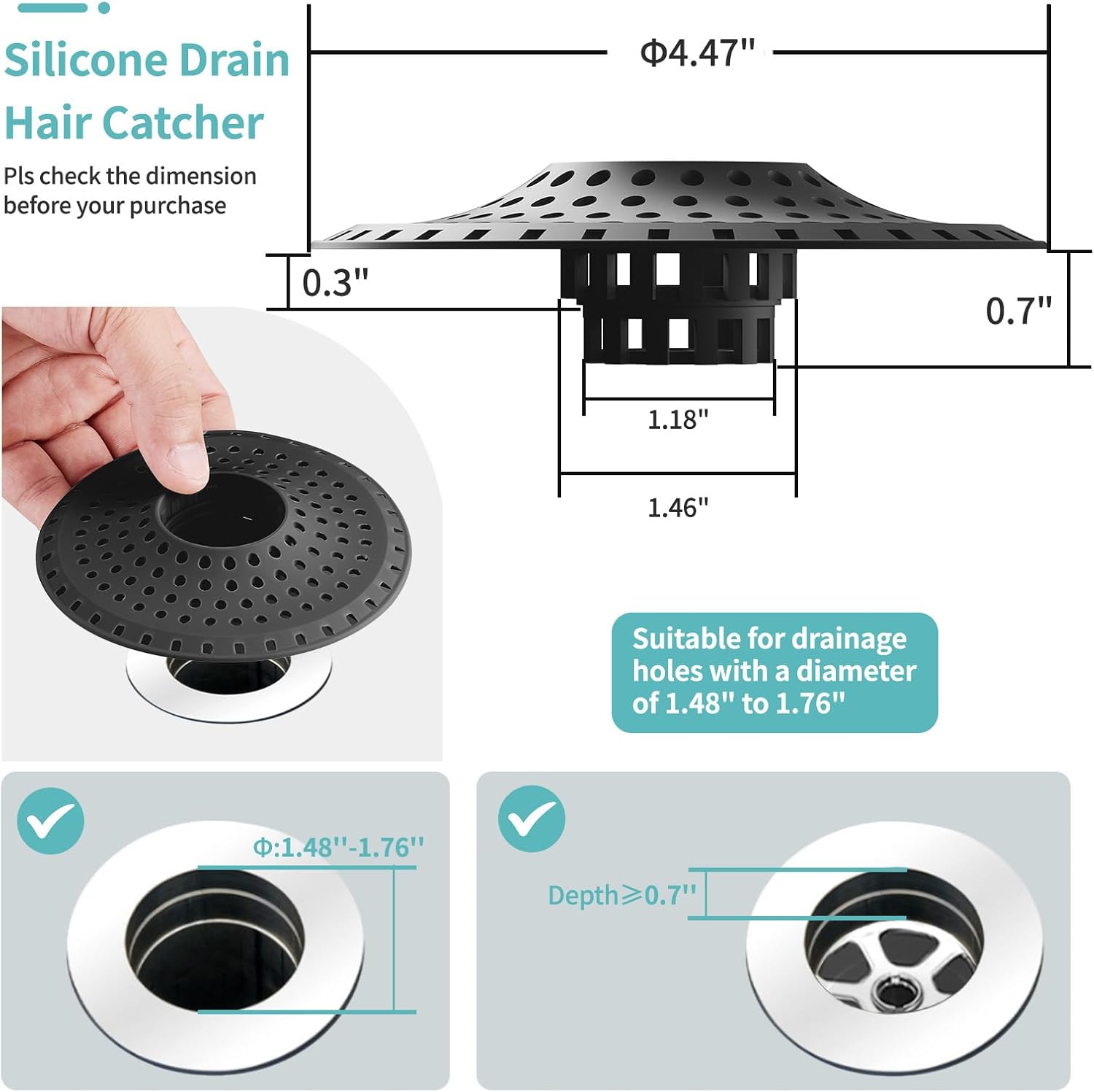Shower Hair Drain Catcher, Silicone Bathtub Drain Hair Catcher Strainer, All-in-one Tub Hair Catcher Drain Protector for 1.48'' to 1.76'' Regular Drains, 3PCS/Black Aqua Purple