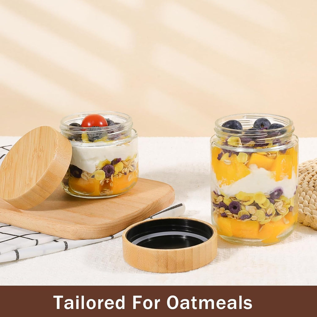 OcePor 6 Pack Glass Jars with Bamboo Lids, Over Night Oats Container with Airtight Lid, Glass Snack Storage Salad Jars For Food, Yogurt, Sugar and Flour,Coffee Bean, Cookie, Cereal