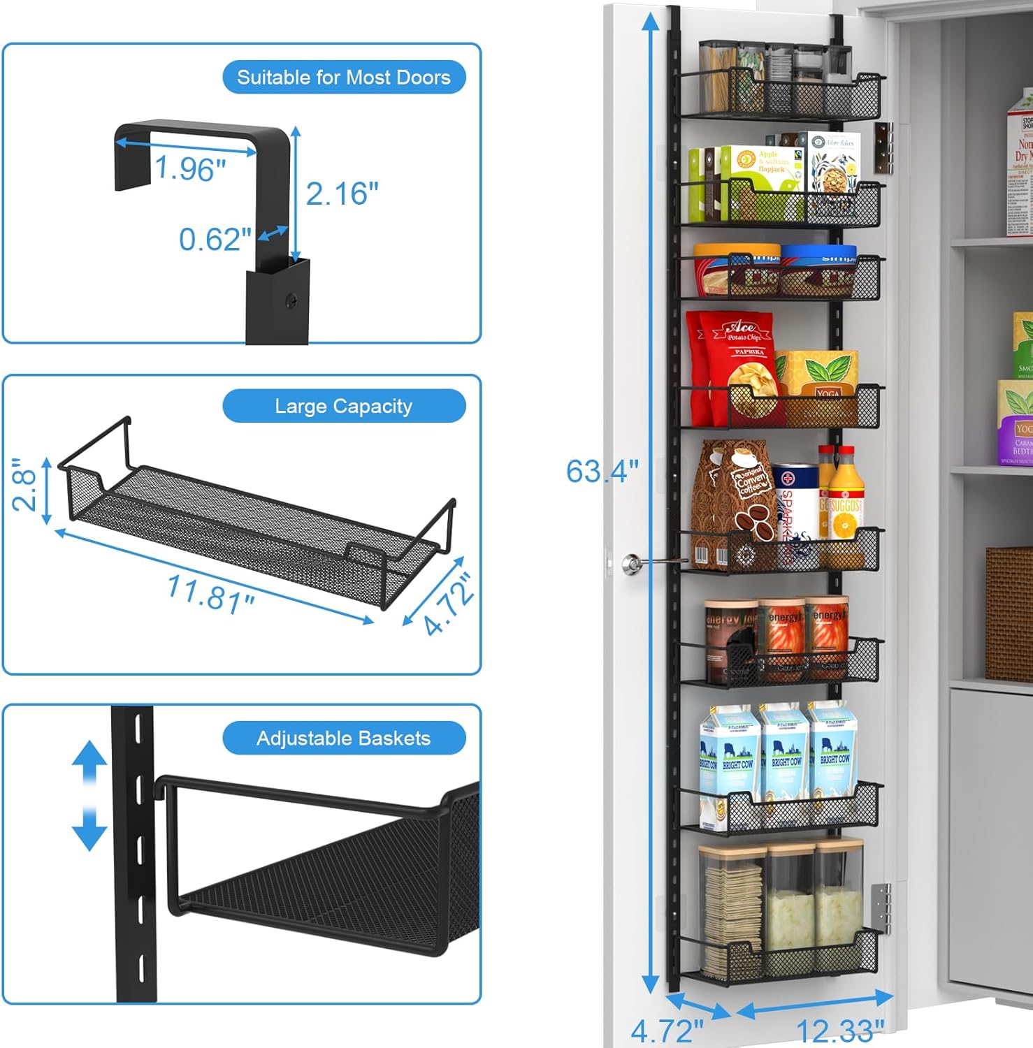 12.3" W Narrow Over the Door Pantry Organizer, 8-Tier Over the Door Organizer with Adjustable Basket, Pantry Door Organization for Pantry Kitchen Storage Room Spice Rack, Black