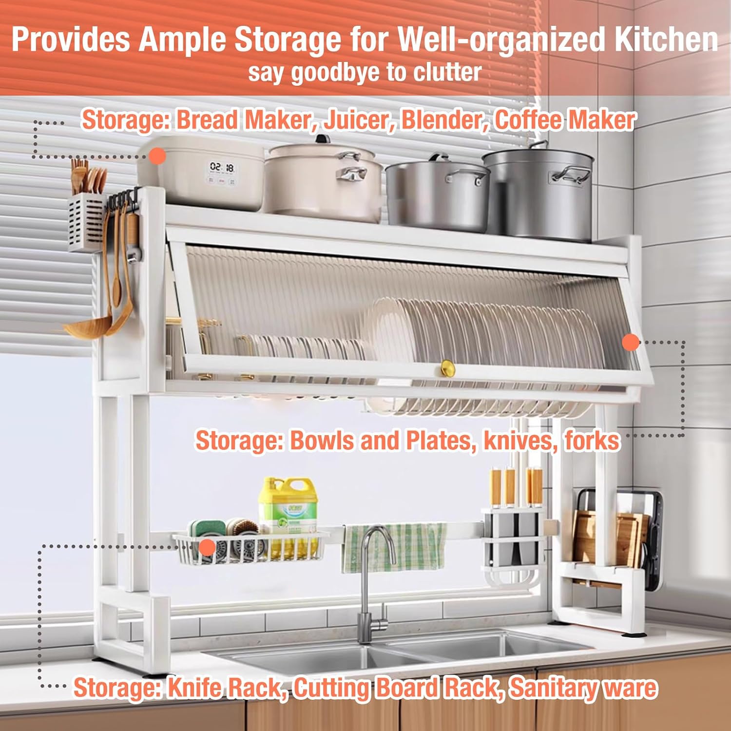 Milkshake White 3 Tier Over Sink Dish Rack Drainer with Cover - Space-Saving Organized Drying Rack for Dishes, Glasses, Bowls, Cutlery