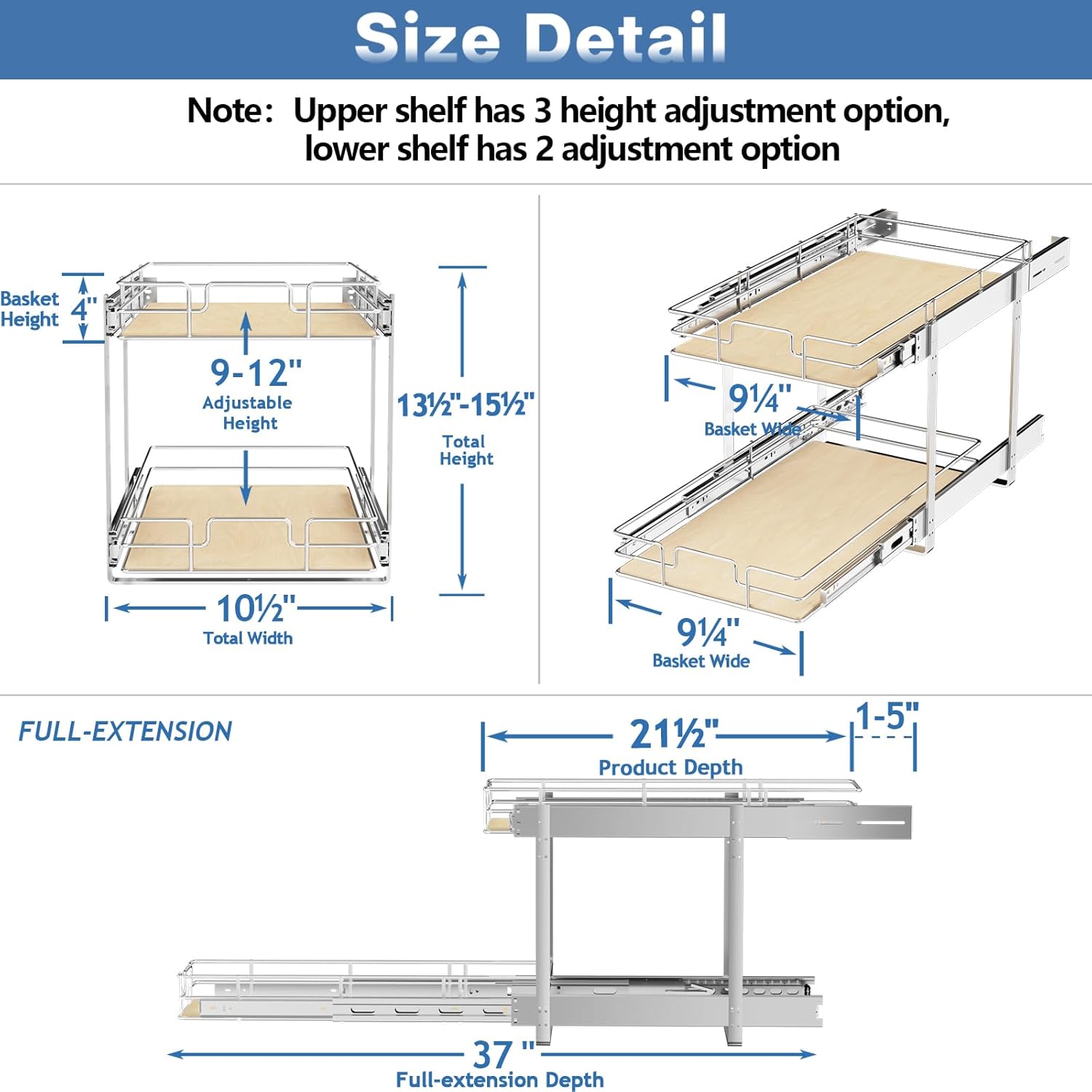 ROOMTEC 2 Tier Individual Pull Out Cabinet Organizer 10½"W x 21½"D, Slide Out Wood Shelves Organizers, Pull Out Drawers Organization and Storage for Kitchen Cabinet