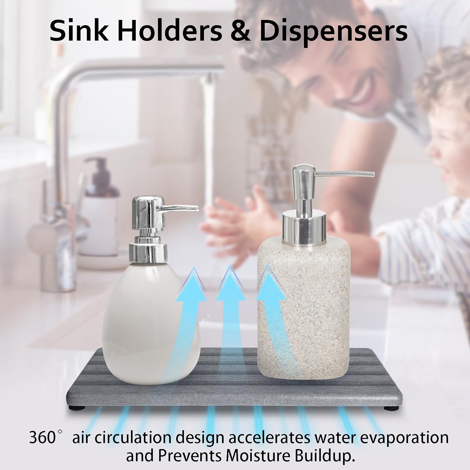 Diatomite Soap Dish, Water Absorbing Stone Tray, Kitchen Sink Organizer, Fast Drying Counter Holder (Grey, 9.5" x 4.7"/24 x 12cm)