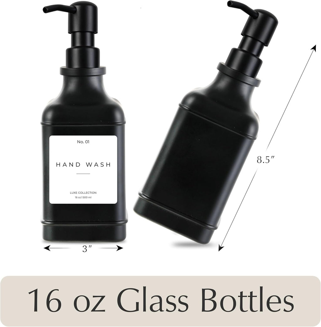 Emerson Essentials Soap Dispenser, Dish Soap Dispenser, Soap Dispenser Bathroom Set, Hand Soap Dispenser, Kitchen Soap Dispenser Set, Glass Soap Dispenser with Pump and Labels | 16 Oz, 2-Pack