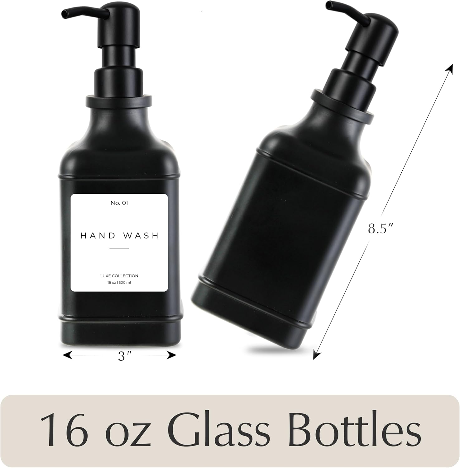 Emerson Essentials Soap Dispenser, Dish Soap Dispenser, Soap Dispenser Bathroom Set, Hand Soap Dispenser, Kitchen Soap Dispenser Set, Glass Soap Dispenser with Pump and Labels | 16 Oz, 2-Pack