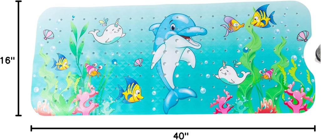 ENKOSI Bath Mat Long 40x16 – Non-Slip Bathtub Mat with Secure Suction Cups & Drain Holes with Fun Dolphin Design - Bathroom Shower Mat for Tub for Kids and Toddlers (Bath Dolphin)