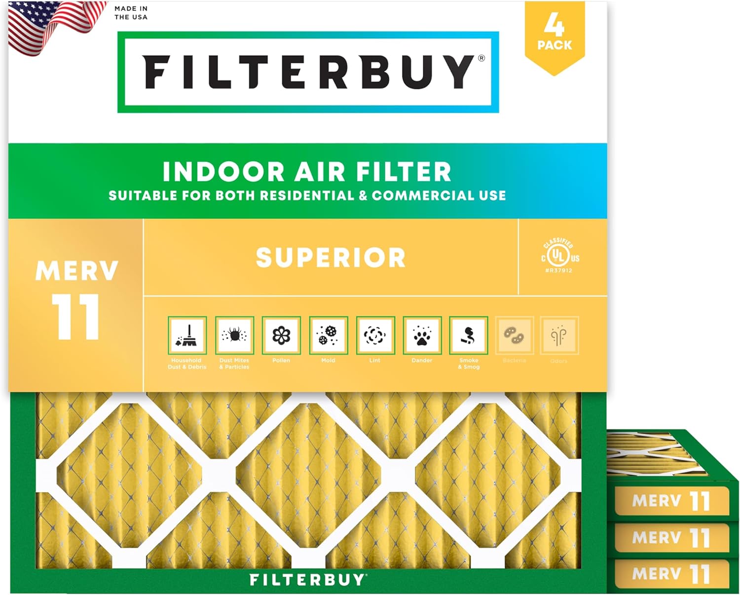 Filterbuy 11.25x11.25x1 Air Filter MERV 11 (MPR 1200) Allergen Defense Replacement (4-Pack), Electrostatic Pleated HVAC AC Furnace Filters, Made in USA (Actual Size: 11.25 x 11.25 x 0.75)