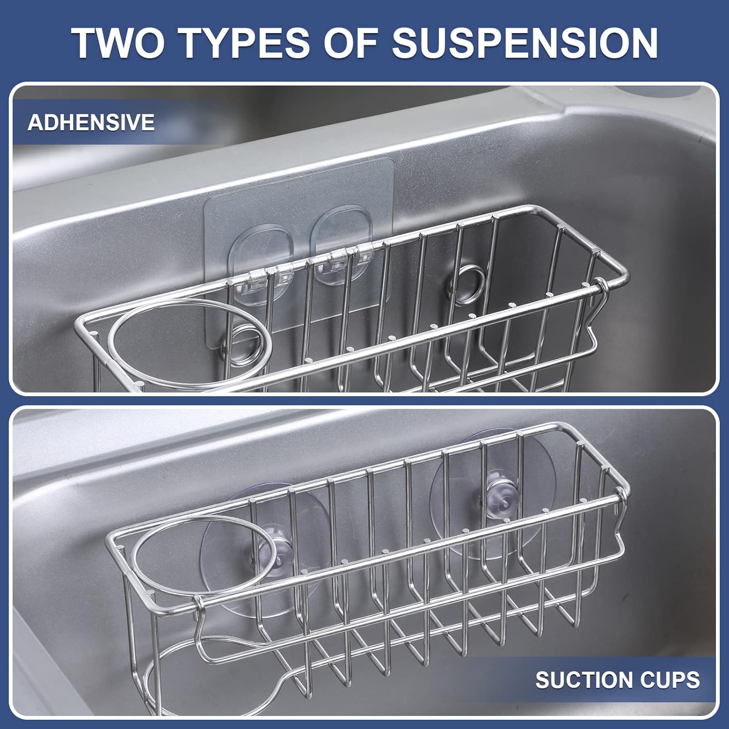 3-In-1 Sponge Holder for Kitchen Sink with Suction Cups & Adhesive Hook, In-sink Sponge Holder, Wall Hanging Sink Caddy Organizer Rack - Sponge, Dish Cloth, Brush, Scrubber - 304 Stainless Steel