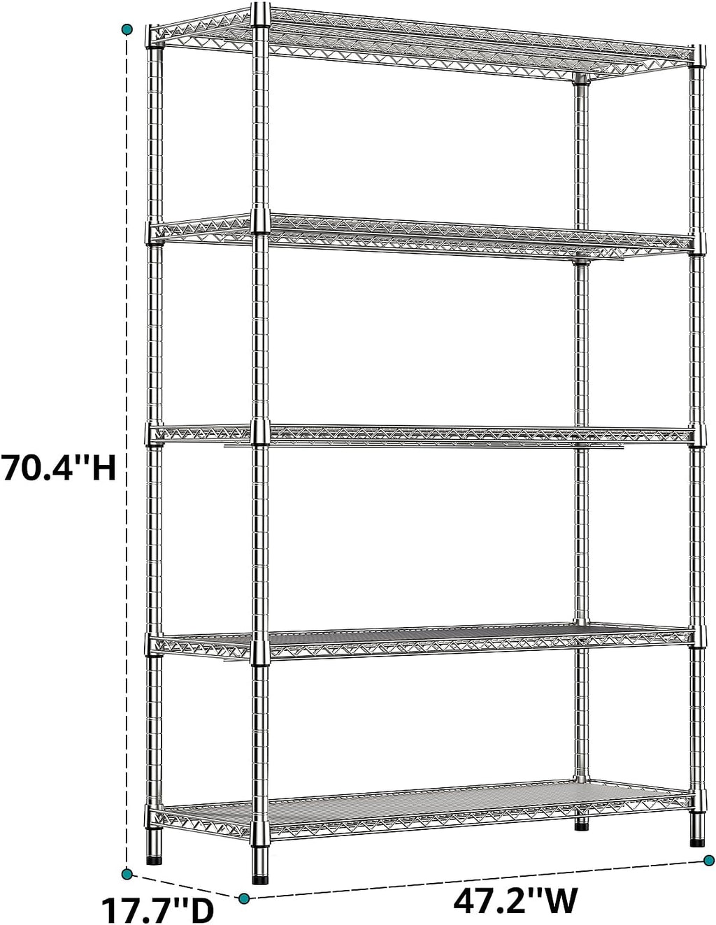 IZEUK 4250 LBS Garage Shelving Wide Storage Shelves 5 Tier Metal Shelves Heavy Duty Adjustable Utility Shelf Rack Chrome 17.7" D x 59.1" W x 70.4" H