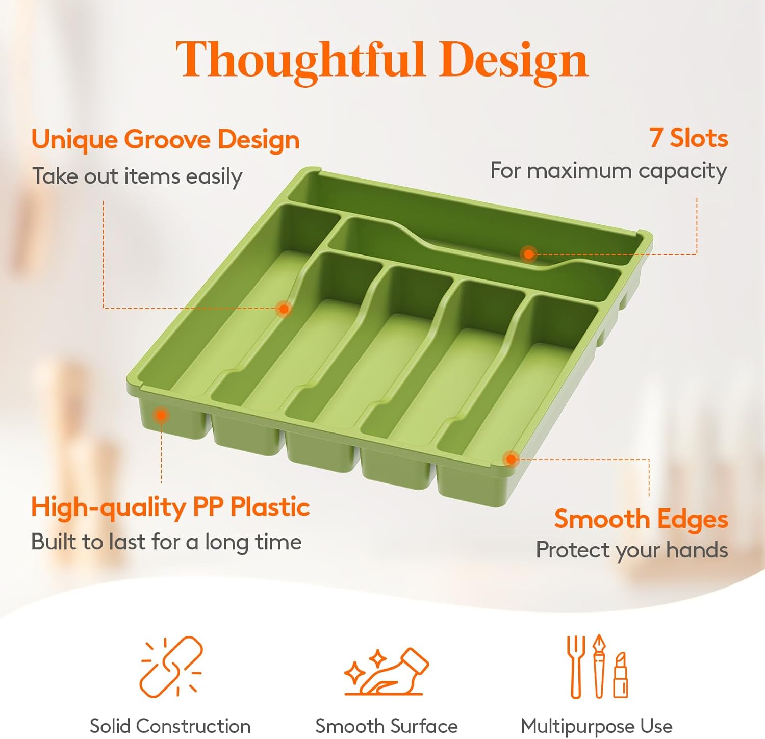 Lifewit Silverware Drawer Organizer Tray, Plastic Cutlery Storage for Kitchen Drawer, Flatware and Utensil Holder Divider for Spoons Forks Knives Tableware, 7 Compartment, Green