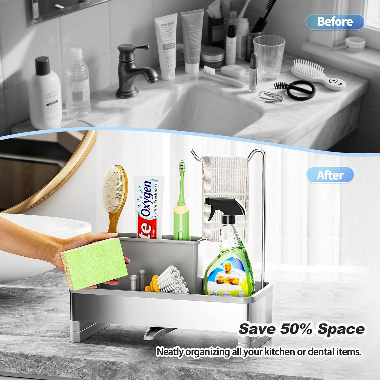 Stainless Steel Sink Caddy, Sponge Holder for Kitchen Sink with Brush Holder & Dishcloth Rack, Rustproof Sink Organizer Countertop, Kitchen Organizers Storage Essentials (F-Gray)