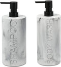 Marble Resin 2 Piece Shampoo and Body Wash Dispenser Set, Luxurious Refillable Pump Bottles with Matte Pump Top and Embossed Text, Durable Design for Bathroom and Shower