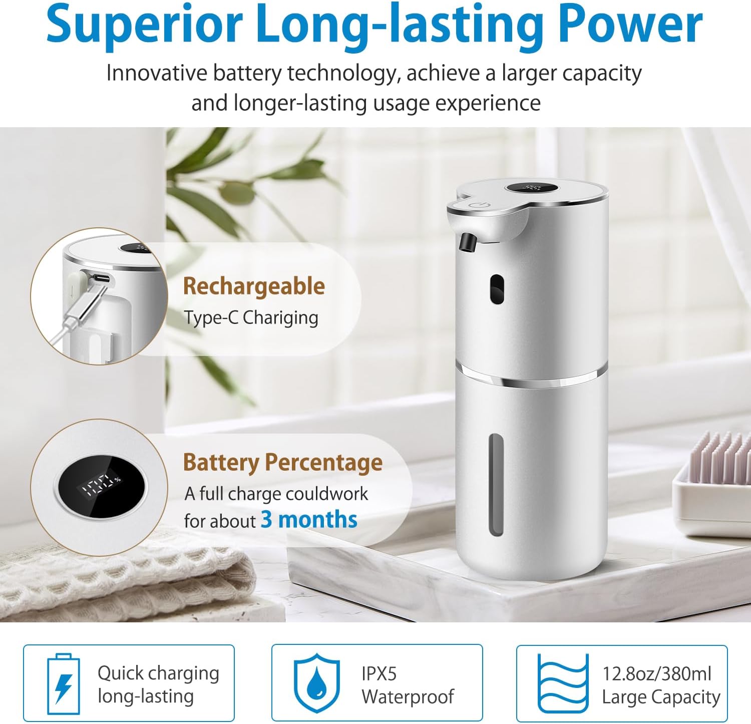 Automatic Liquid Soap Dispenser 12.8oz, Rechargeable & 6 Levels Soap Adjustable with Digital Display, Wall Mount, Waterproof, Touchless Hand/Dish Soap Dispenser for Kitchen, Bathroom, Hotel