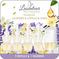Plug-in Air Freshener Starter Kit, 1 Warmer and 9 Essential Oil Refills, Lavender, Vanilla, Linen Scent for Home, Bathroom and Office, Compatible with Air Wick and Glade Air Fresheners