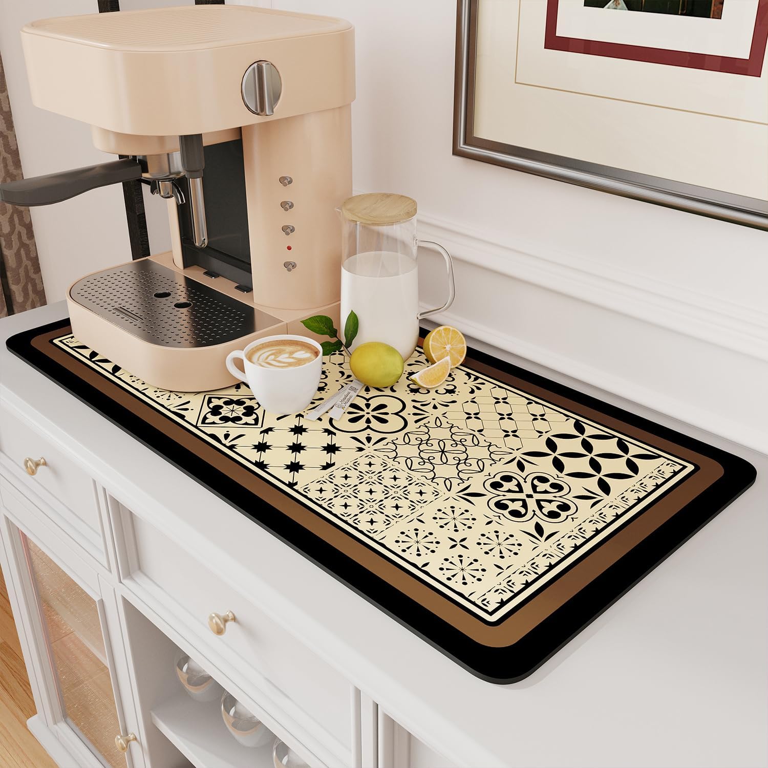 AMOAMI Coffee Mat Hide Stain Rubber Backed Absorbent Dish Drying Mat for Kitchen Counter - Fits Under Coffee Maker or Machine - Khaki 17x31.5