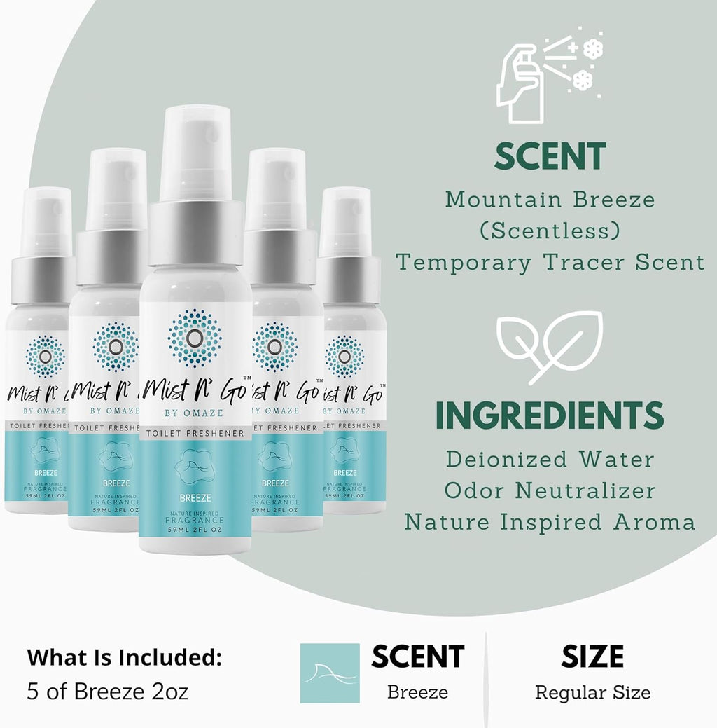 Mist N’ Go by Omaze Travel Bathroom Spray for Toilet Spray Odor Eliminator - Travel Toilet Spray for Bathroom Air Freshener Spray for Bathroom Deodorizer - Breeze Regular Size (2oz x5)