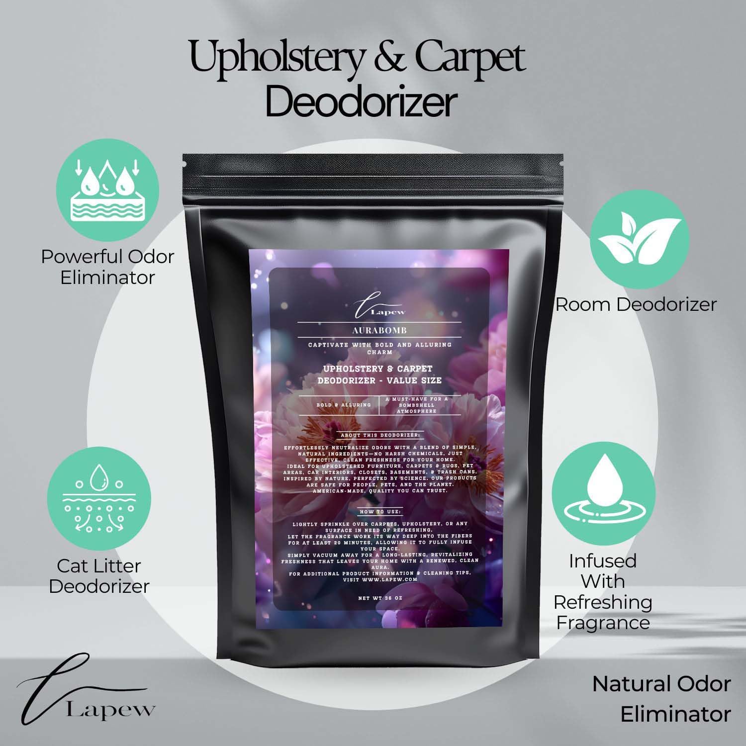 Aurabomb Carpet Freshener Powder Refill 36 oz | Powerful Odor Eliminator for Home | Upholstery Deodorizer | Carpet Deodorizer | Pet Urine | Cat Litter Box | Bombshell Fragrance
