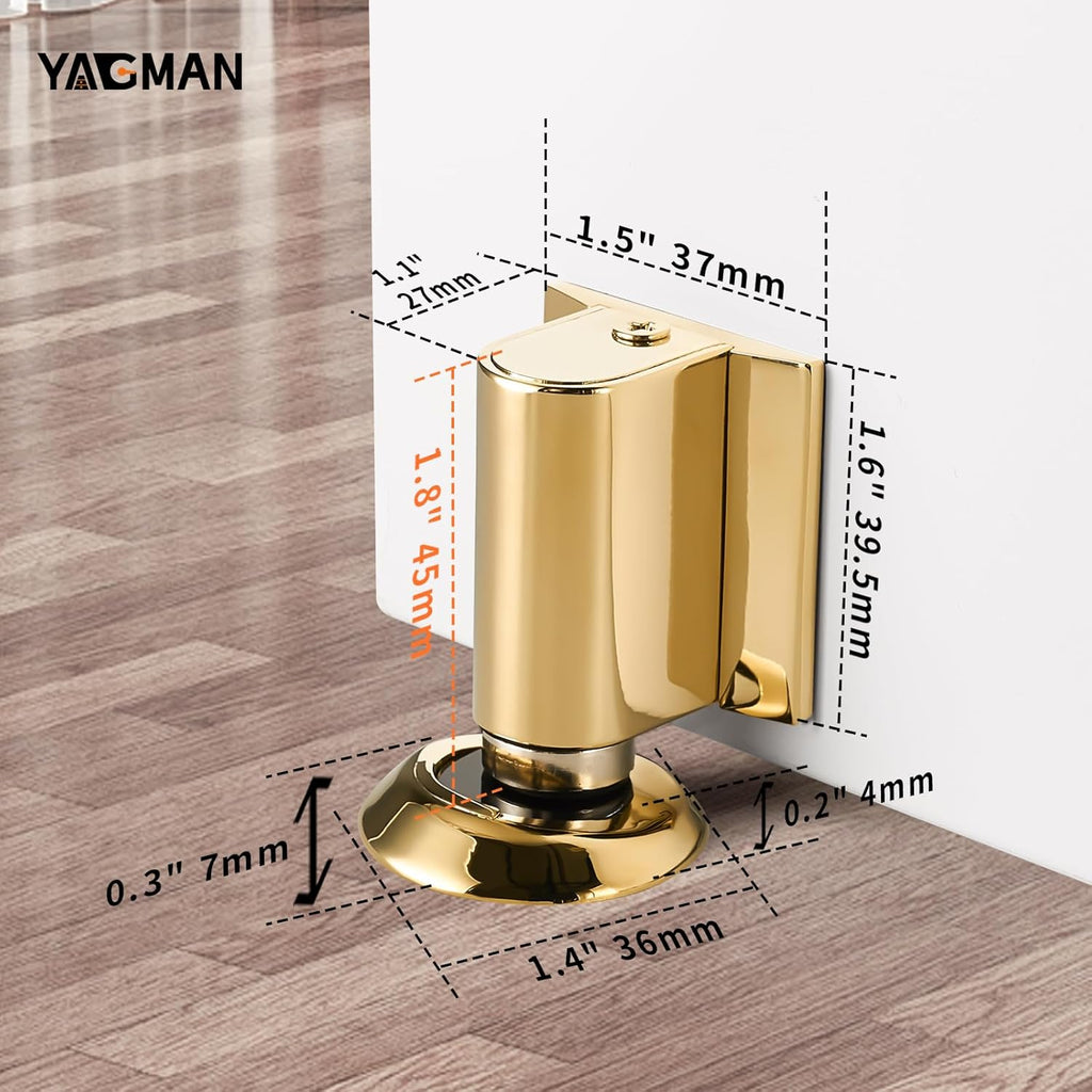 3 Pack Magnetic Door Stoppers Retractable Bottom of Door Holder No Drilling Mount Floor Door Stop with Screws and Adhesive Catch Door Keep Door Open Polished Gold PG-3