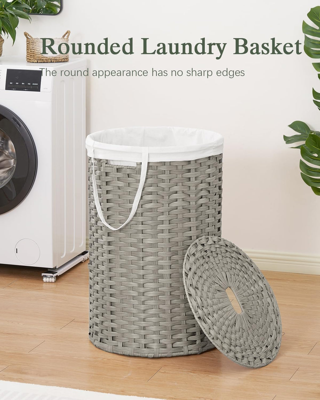 Large Laundry Hamper Laundry Basket Round 34.3 Gal (130 L) Handwoven Wicker Laundry Baskets Rattan Laundry Basket with Laundry Bag Handles 2 Mesh Bags for Living Room Bedroom Gray