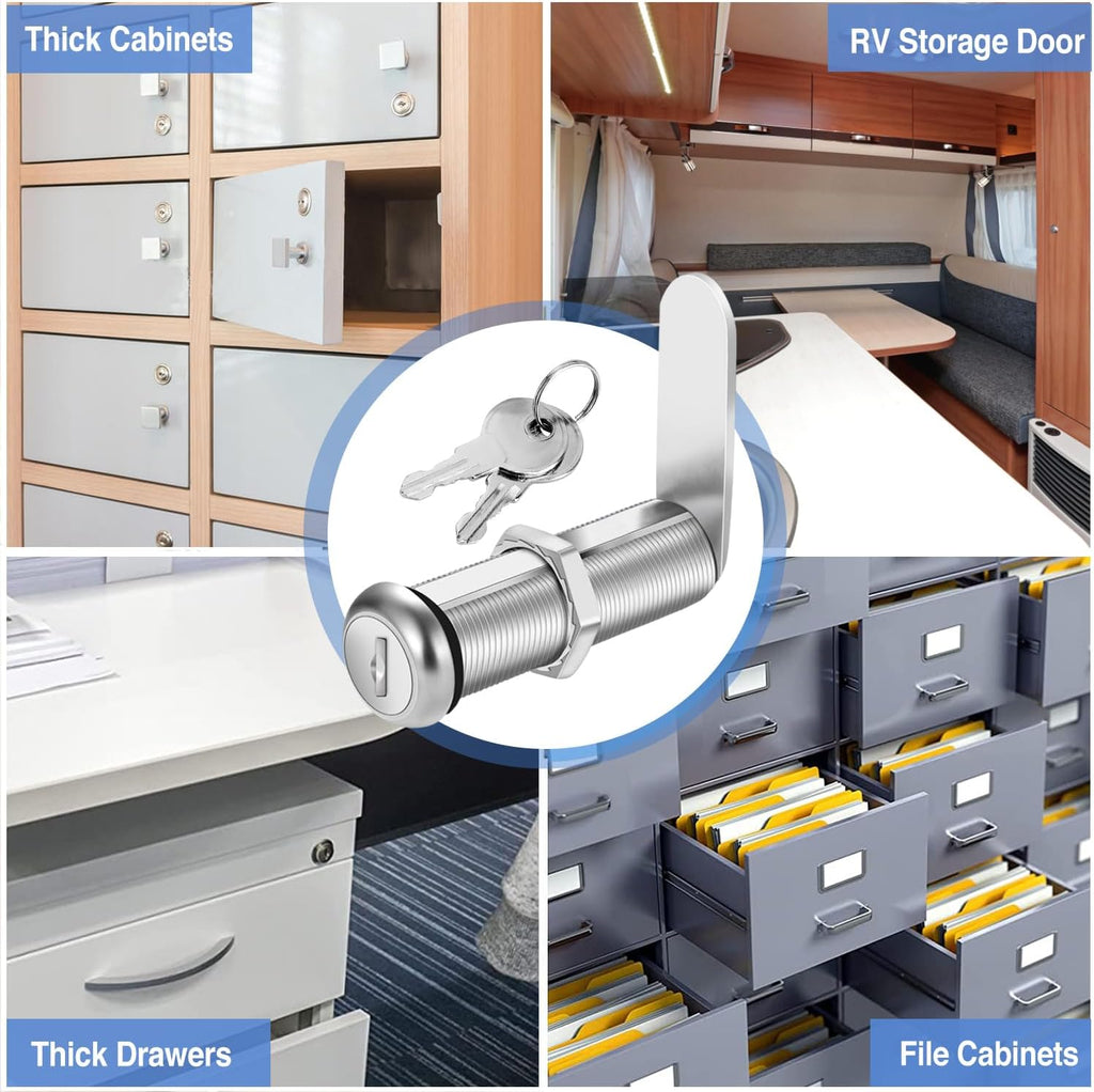 Extra-Long Cam Locks, 2-1/8 Inch, Keyed Alike, Set of 2 for Thick Drawers & Cabinets, Zinc Alloy