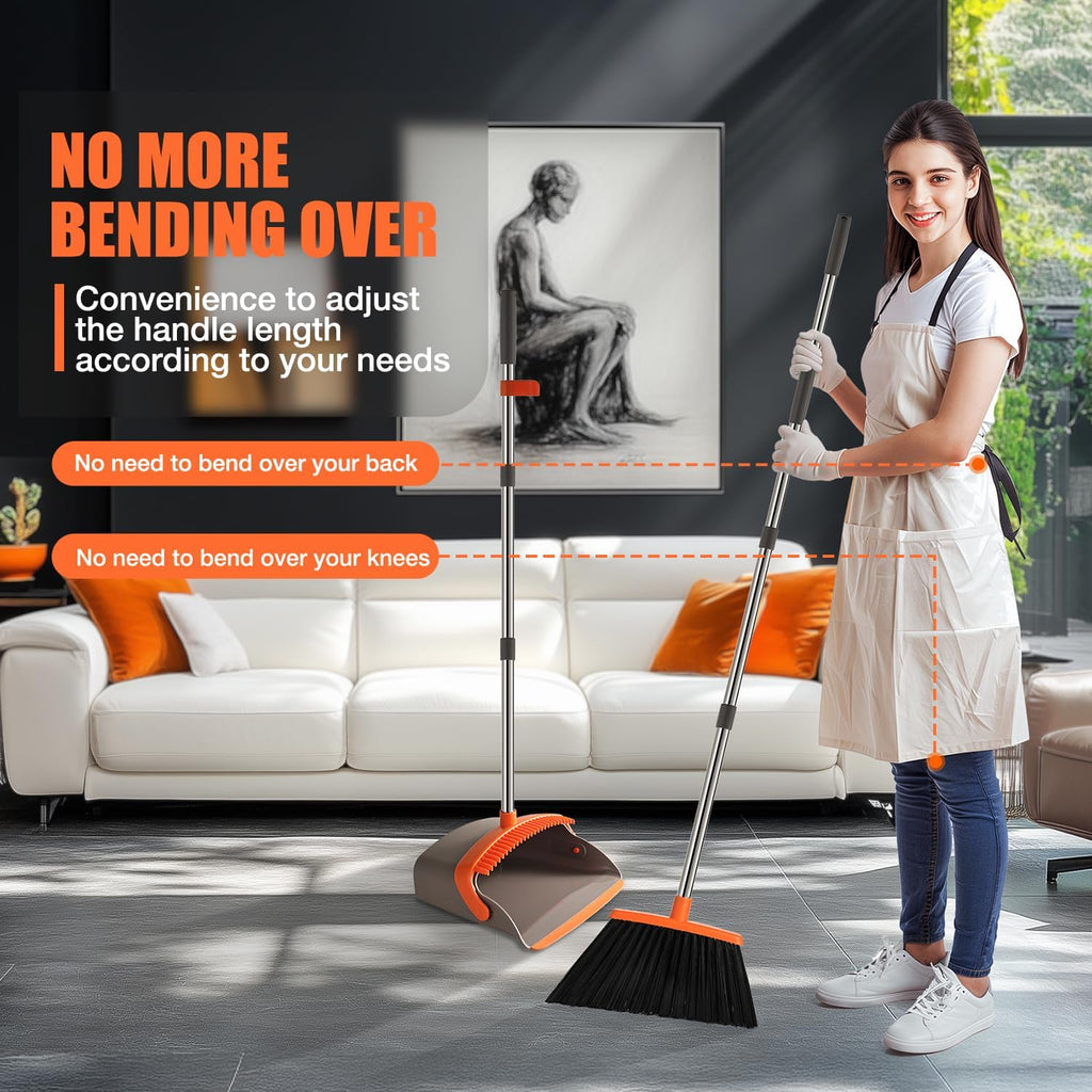 Broom and Dustpan Set, Upgraded Large Broom with Dustpan Combo Set with 56" Tall Adjustable Handle, Self-Cleaning Teeth, Upright Standing Dust Pan for Heavy Duty Indoor Outdoor Cleaning and Pet Hair