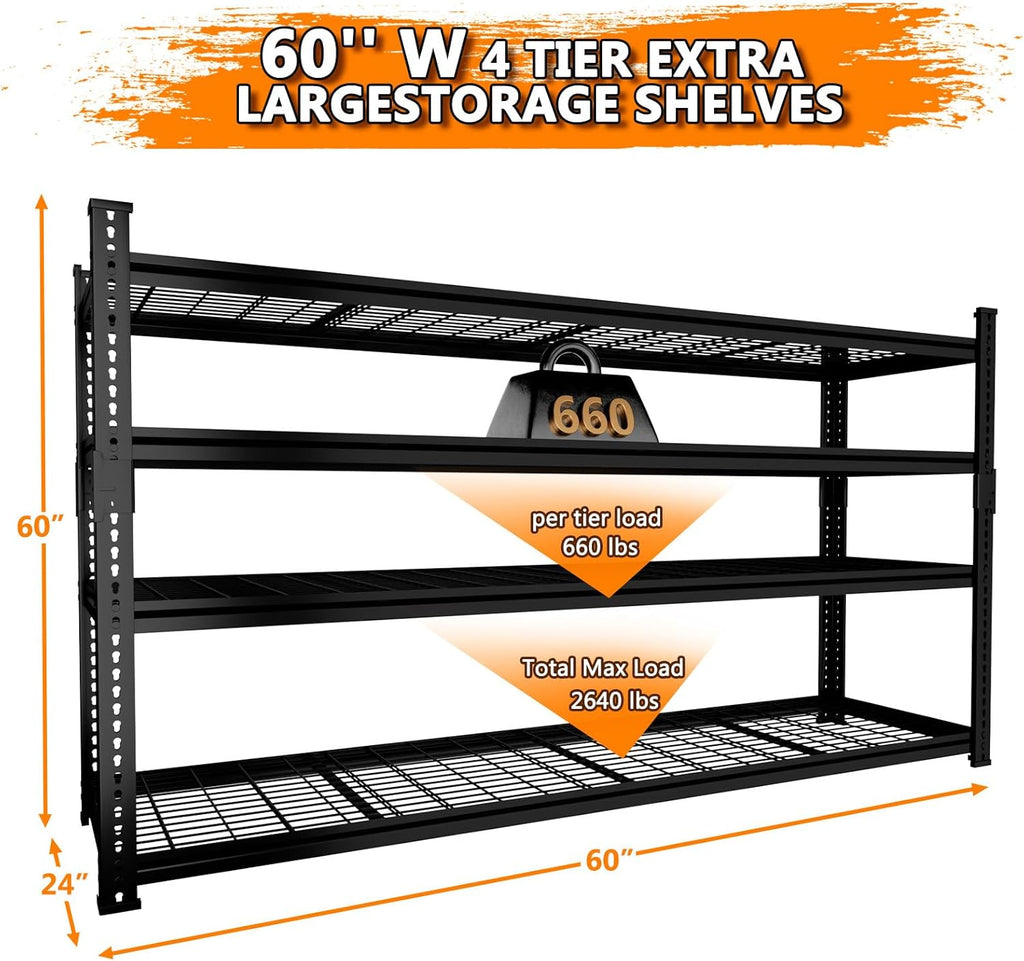 Storage Shelves Heavy Duty 2 PCS, 60"L x 24"W x 60"H Garage Wire Shelving Unit Loads 2640LBS, 4-tier Adjustable Metal Industrial Utility Shelf Rack for Kitchen, Laundry, Pantry, Warehouse, Basement