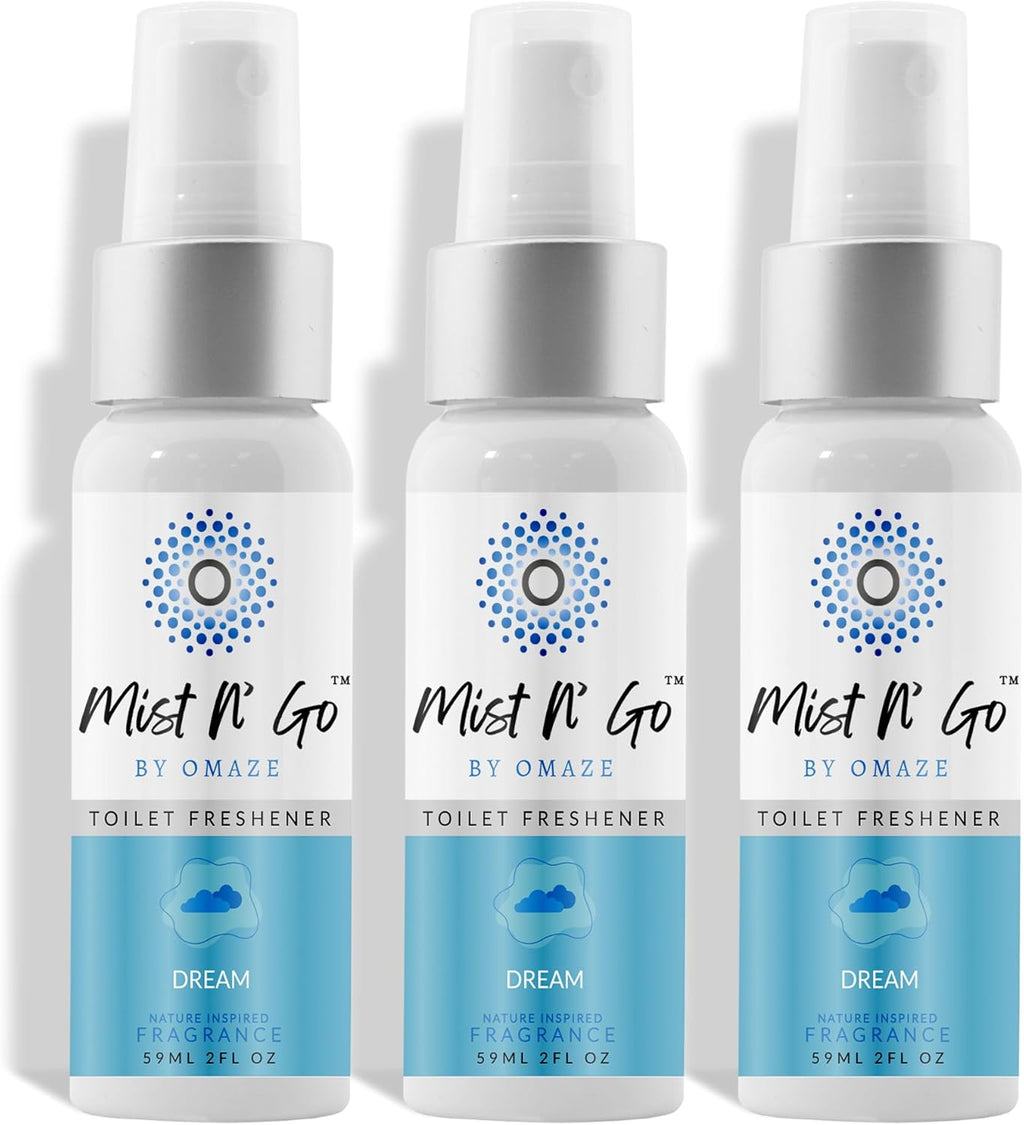 Mist N’ Go by Omaze Travel Bathroom Spray for Toilet Spray Odor Eliminator - Travel Toilet Spray for Bathroom Air Freshener Spray for Bathroom Deodorizer - Dream Regular Size (2oz x3)