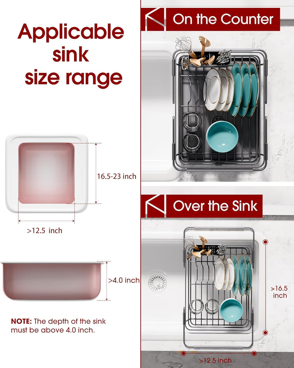 Stainless Steel Dish Drying Rack for Kitchen Counter, Sink Organization and Storage Essentials with Silverware & Utensil Holder, Home and Apartment Decor, 12" W x 16.1~23" L, Silver