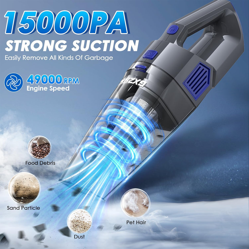 Handheld Vacuum Cordless, 15000PA Strong Suction Hand Held Car Vacuum Cleaner Rechargeable, Portable Hand Vacuum with Multi-Nozzles & Washable Filter for Home Office, Car, Pets