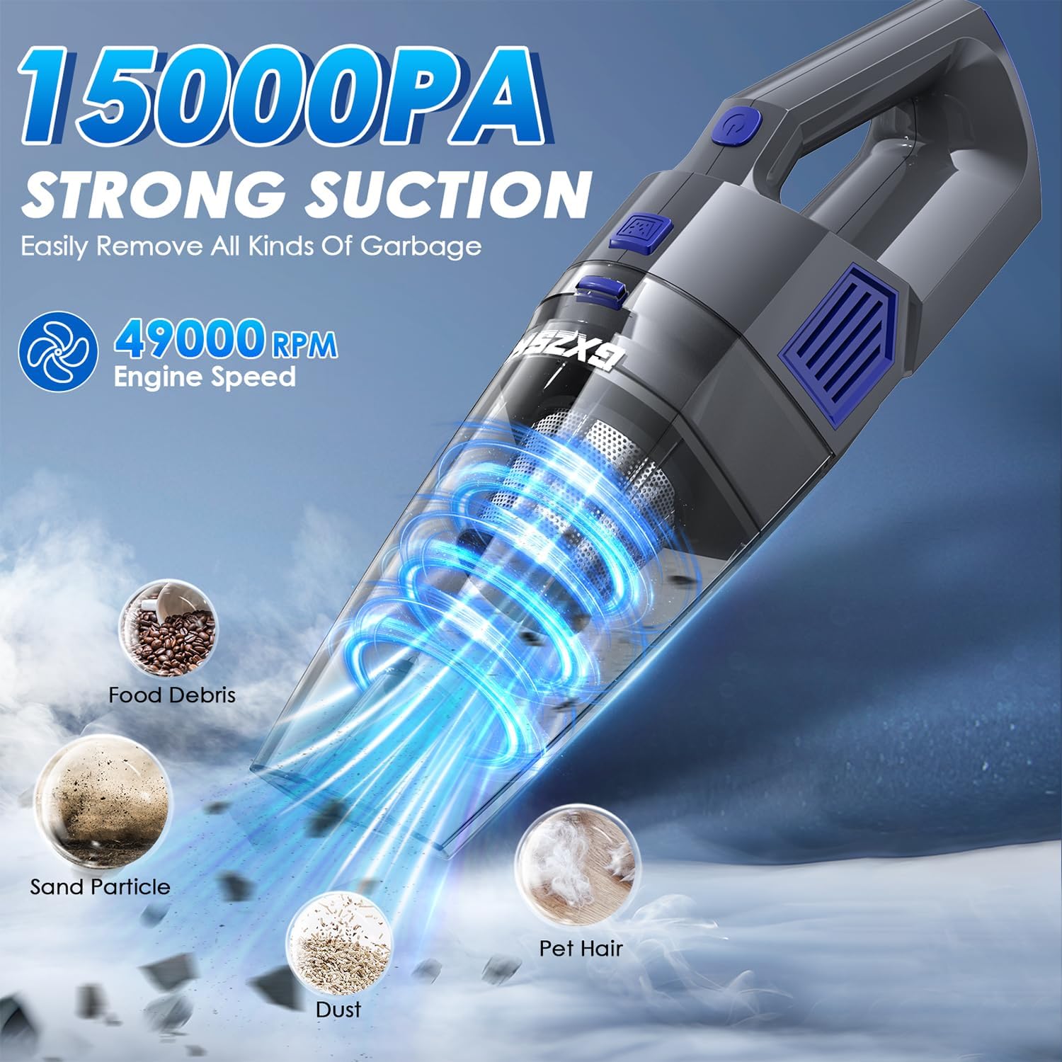 Handheld Vacuum Cordless, 15000PA Strong Suction Hand Held Car Vacuum Cleaner Rechargeable, Portable Hand Vacuum with Multi-Nozzles & Washable Filter for Home Office, Car, Pets