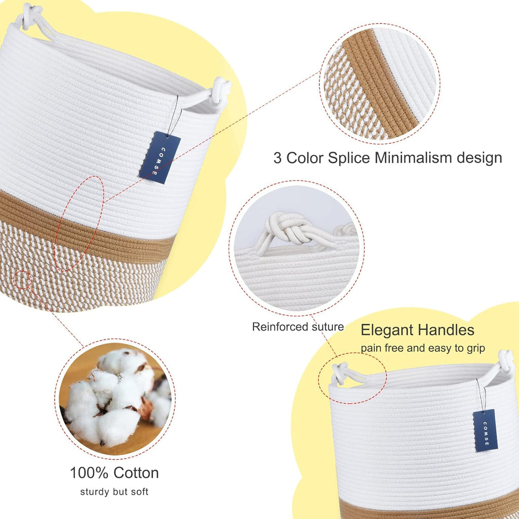 COMSE Extra Large Blanket Basket, Tall Woven Storage Basket, Nursery Hamper, 15.7”x 21.7”, Cotton Rope Laundry Hamper for Toys Clothes Towels, Blend White/Camel