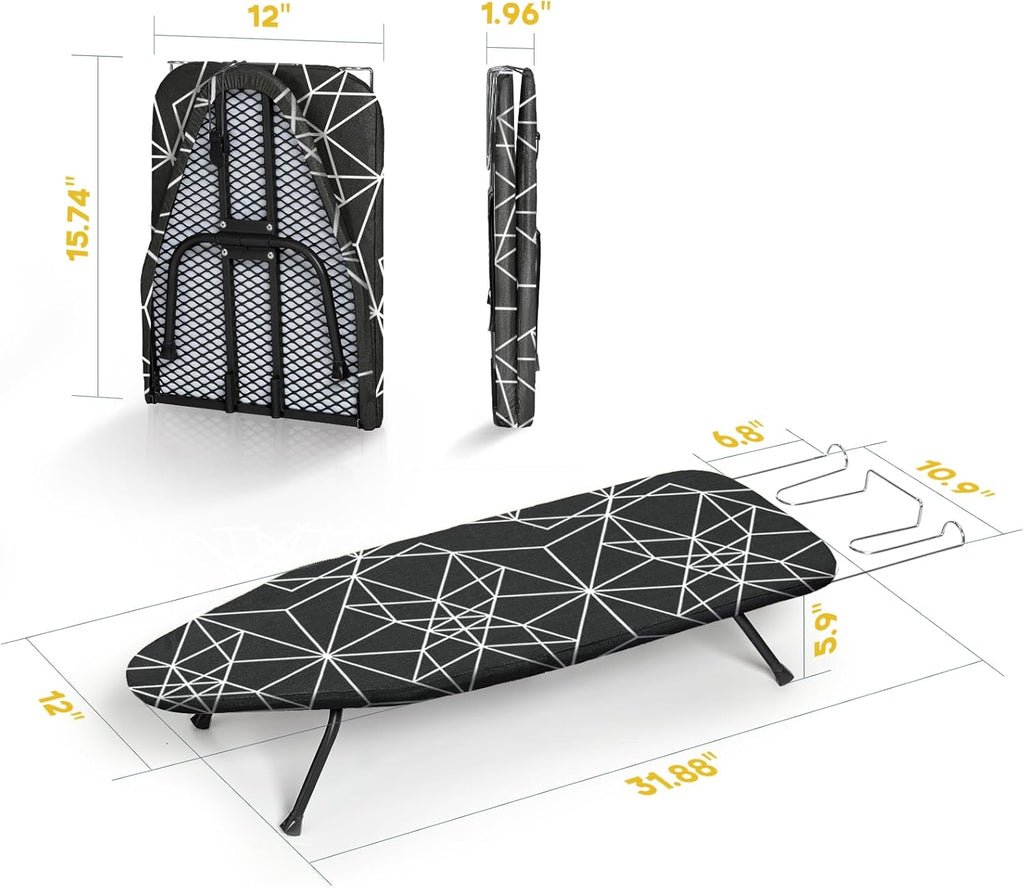 Mini Ironing Board Tabletop Foldable, RAINHOL Space-Saving Iron Board, Compact and Portable for Travel and College, with Hook and Iron Holder, Steel Mesh, 31" x 12", Black and White Stripes