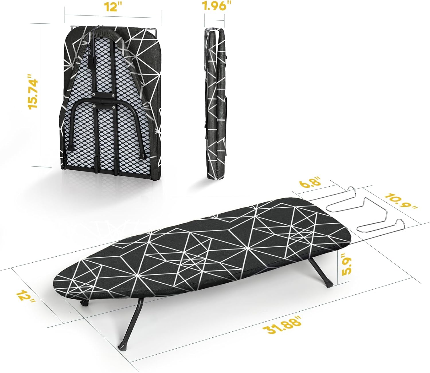 Mini Ironing Board Tabletop Foldable, RAINHOL Space-Saving Iron Board, Compact and Portable for Travel and College, with Hook and Iron Holder, Steel Mesh, 31" x 12", Black and White Stripes