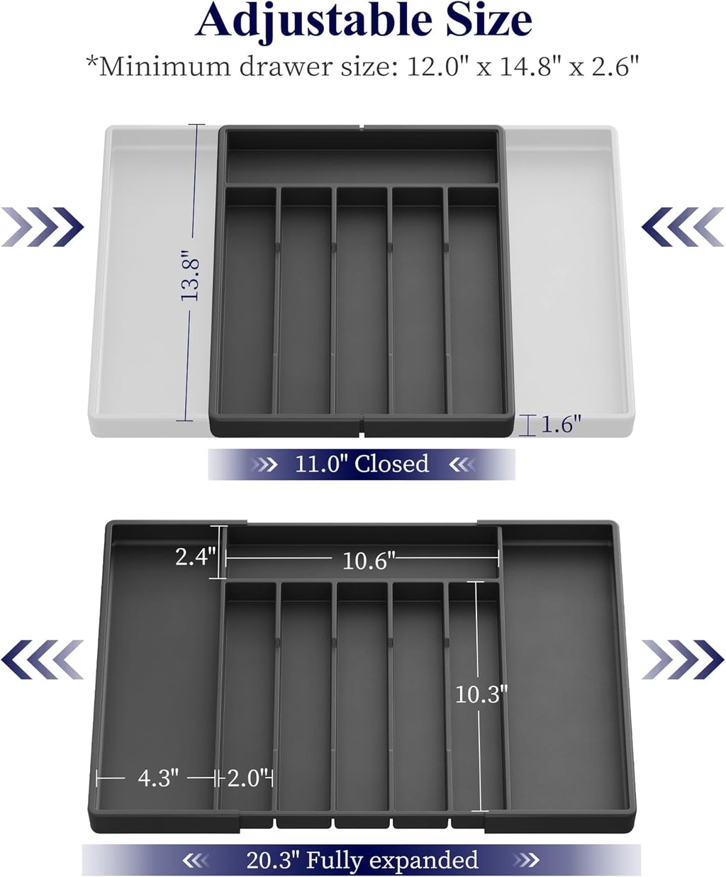 Kitsure Silverware Organizer for Drawers - Expandable Cutlery and Utensil Drawer Organizer with Easy Maintenance, Premium PP Kitchen Organizers and Storage for Flatware, Black, 20.3" x 13.8" x 1.6"